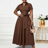EVE Plus Size Lapel Short Sleeve Tie Up Midi Dress GCZF-8662
