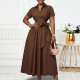 EVE Plus Size Lapel Short Sleeve Tie Up Midi Dress GCZF-8662