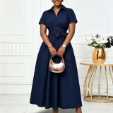 EVE Plus Size Lapel Short Sleeve Tie Up Midi Dress GCZF-8662