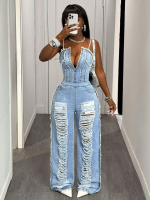 EVE Fashion Denim Holes Sling Jumpsuit GYXN-16163