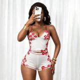 EVE Lips Print Sling Tight Two Piece Short Set GZJQ-K6S06633A