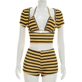 EVE Stripe Print Short Sleeve Three Piece Shorts Set GDSF-J26ST161