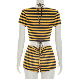 EVE Stripe Print Short Sleeve Three Piece Shorts Set GDSF-J26ST161