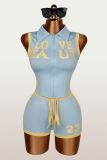 EVE Letter Print Zipper Lapel Two Piece Shorts Set YWXS-K26L2408