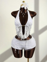 EVE Solid Color Halterneck Backless Top Short Suit GXIY-K26L2399