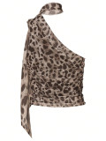 EVE Leopard Print Slash Shoulder Mesh Tops YWXS-K25L1839