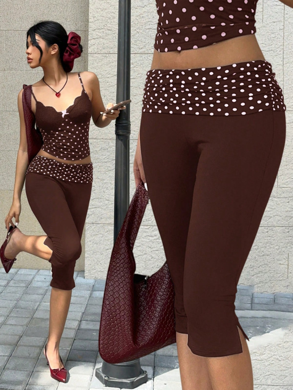EVE Polka Dots Print Lace Patchwork Two Piece Pants Set YWXS-K26L2215