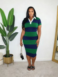EVE Color Blcok Short Sleeve Slim Midi Dress BMF-873