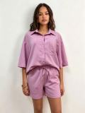 EVE Solid Color 3/4 Sleeve Loose Shirt Shorts Suit GADE-93641