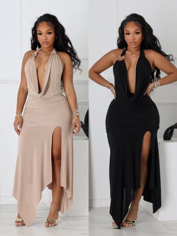 EVE V Neck Halterneck Backless Split Maxi Dress GADE-11348