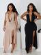 EVE V Neck Halterneck Backless Split Maxi Dress GADE-11348