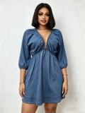 EVE V Neck Puff Sleeve Denim Mini Dress GADE-6756