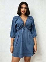 EVE V Neck Puff Sleeve Denim Mini Dress GADE-6756