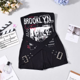EVE Letter Print Patchwork Tube Top Romper GFRT-32893JBY