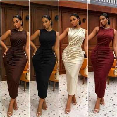 EVE Sleeveless Solid Color Ruched Maxi Dress GMYU-10370