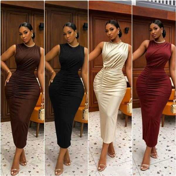EVE Sleeveless Solid Color Ruched Maxi Dress GMYU-10370