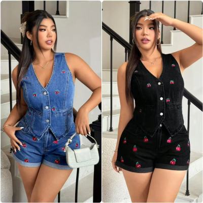 EVE Plus Size Sleeveless Cherry Embroidered Vest Short Denim Suit GMYU-6765