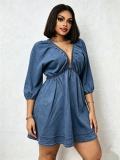 EVE V Neck Puff Sleeve Denim Mini Dress GADE-6756