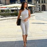 EVE Polka Dots Print Slash Shoulder Two Piece Pants Set SHD-9983