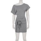 EVE Solid Color Slash Shoulder Mini Dress GPKJ-MR46607