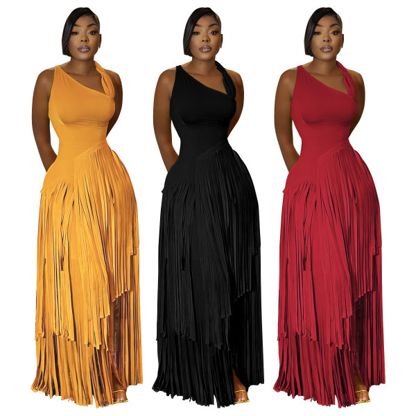 EVE Solid Color Tassel Sleeveless Maxi Dress YF-11017