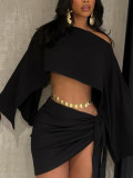 EVE Solid Color Slash Shoulder Two Piece Skirts Set QYMF-M127