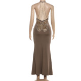 EVE V Neck Backless Chain Slim Maxi Dress XEF-K6D04495A
