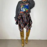 EVE Plaid Print Irregular Half Body Skirt HNIF-N104