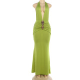 EVE Solid Color Deep V Neck Backless Maxi Dress XEF-K6D05840A