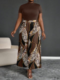 EVE Plus Size Solid Color Tops Leopard Wide Leg Pants Suit GAWE-6748