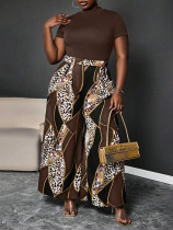 EVE Plus Size Solid Color Tops Leopard Wide Leg Pants Suit GAWE-6748