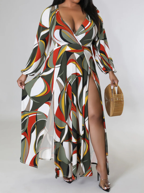 EVE Plus Size Print Long Sleeve Split Maxi Dress GAWE-6500
