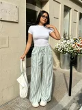 EVE Plus Size Solid Color T Shirt Stripe Pants 2 Piece Set GADE-11411