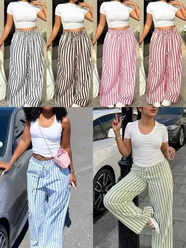 EVE Plus Size Solid Color T Shirt Stripe Pants 2 Piece Set GADE-11411