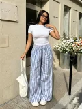 EVE Plus Size Solid Color T Shirt Stripe Pants 2 Piece Set GADE-11411