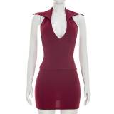 EVE Solid Color Lapel Zipper Two Piece Skirts Set GSZM-D26ST167