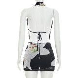 EVE Print Backless Tie Up Mesh Two Piece Skirts Set GSZM-D26ST166