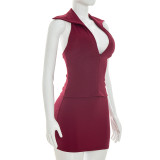 EVE Solid Color Lapel Zipper Two Piece Skirts Set GSZM-D26ST167