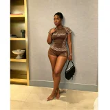 EVE Leopard Print Short Sleeve Sport Two Piece Shorts Set FOSF-8857