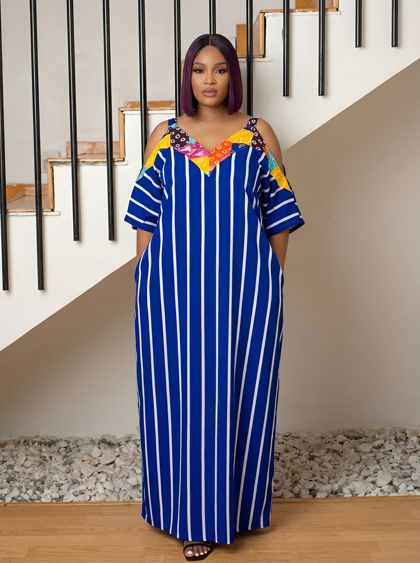 evening dress in cotton patchwork with striped and printed overskirt Green Multi Patchwork Linen Blend Dress - Maxi Dresses main image 1