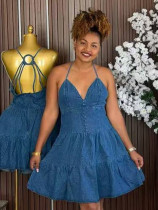 EVE Fashon Sling Deep V Neck Denim MIni Dress GMYU-6769
