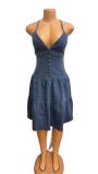EVE FashIon Sling Deep V Neck Denim MIni Dress GMYU-6769