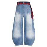 EVE Plus Size Plaid Print Washed Straight Jeans GYLN-0738