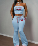 EVE Cherry Print Wrap Chest Top Pants 2 Piece Set XMCS-CS060943