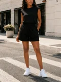 EVE Solid Color Sleeveless Tops Two Piece Shorts Set HNIF-MC035