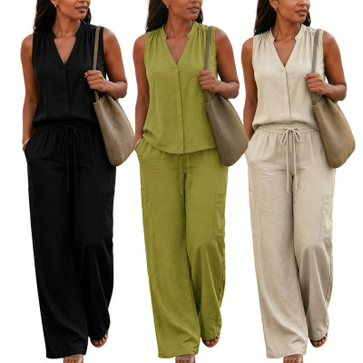 EVE V Neck Loose Sleeveless Top Pants 2 Piece Set HNIF-TY035