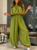 EVE Solid Color Sleeveless Crop Top Lantern Pants Suit HNIF-YY043