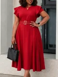 EVE Plus Size Ruffles Short Sleeve Solid Midi Dress GATE-629