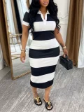EVE Stripe Color Block Short Sleeve Midi Dress HNIF-JP024