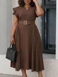 EVE Plus Size Ruffles Short Sleeve Solid Midi Dress GATE-629
